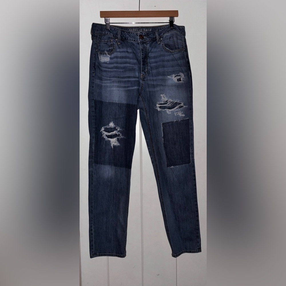 American Eagle Tomgirl‎ Distress Button Fly Women 14XL Tapered Skinny Denim Jean